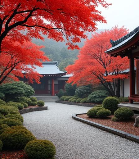 A tranquil Japanese temple garden with red maple leaves in autumn