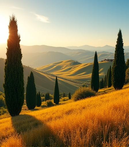 Rolling hills and cypress trees in a sunny Tuscan landscape