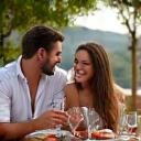 A happy couple enjoying a meal in Italy.