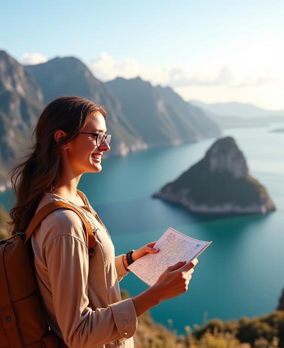 A happy traveler looking at a map with a scenic vista in the background.